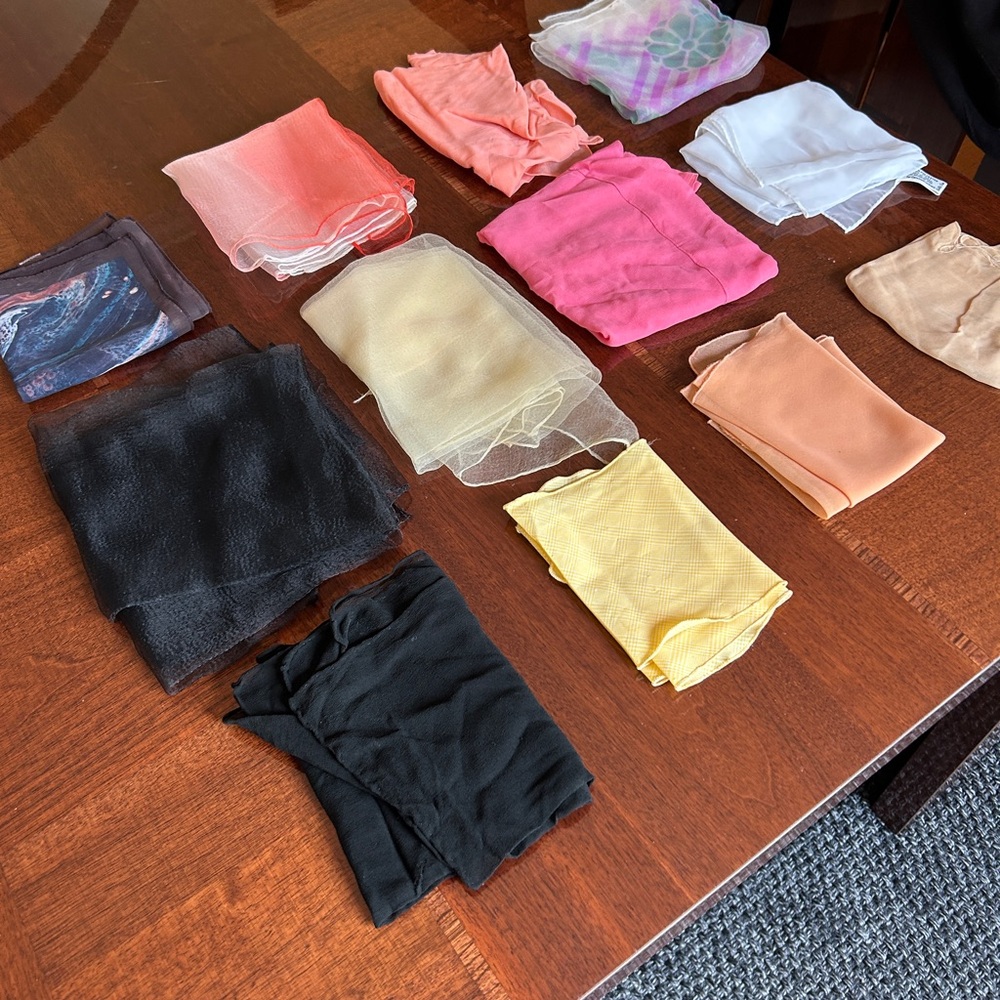 Sheer collection of 12 designer scarves, Glentex and Sally Gee, etc.